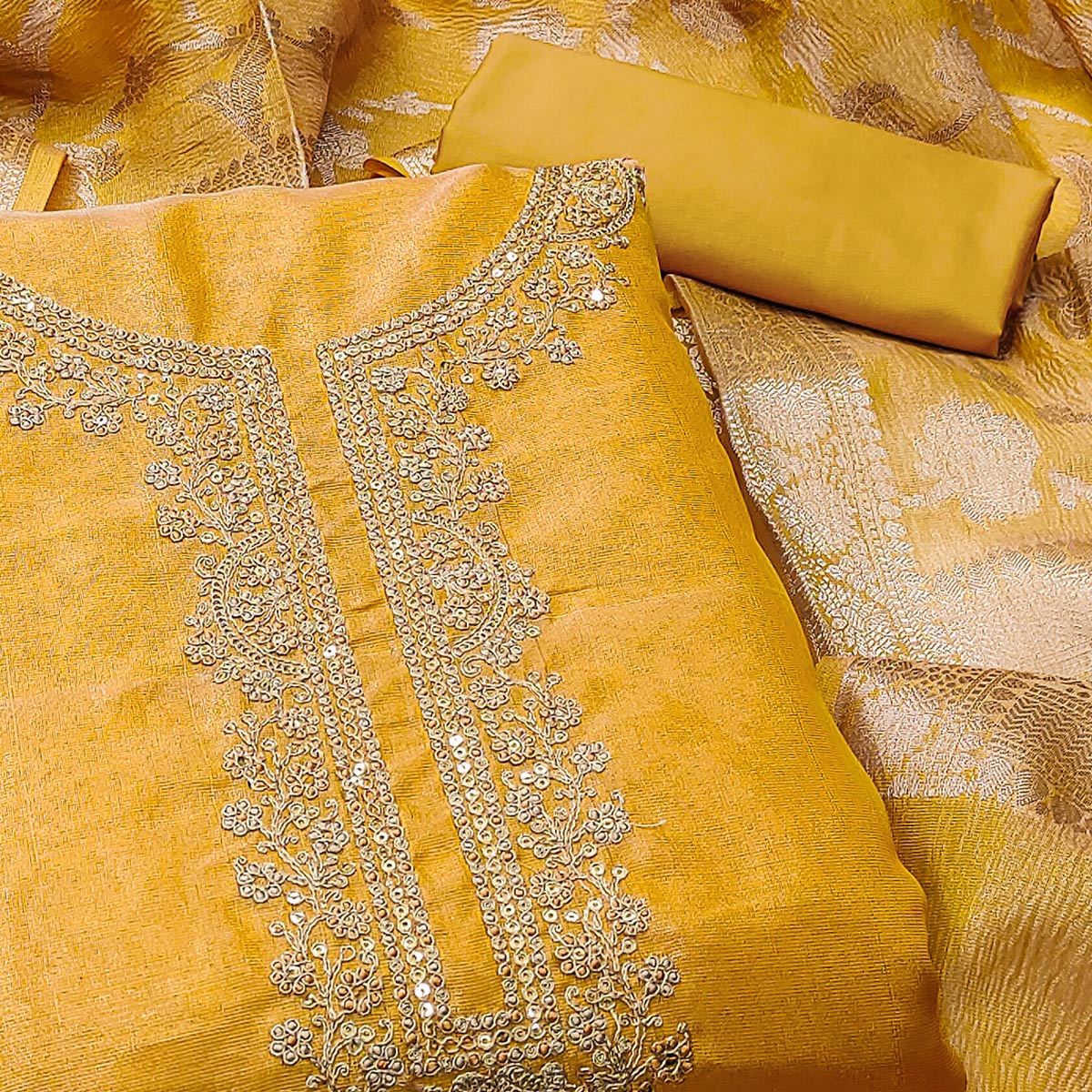 Mustard Woven With Embroidered Banarasi Silk Shimmer Crush Dress Material