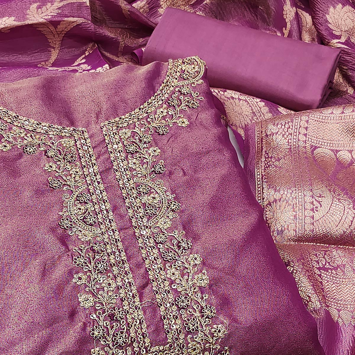 Purple Woven With Embroidered Banarasi Silk Shimmer Crush Dress Material