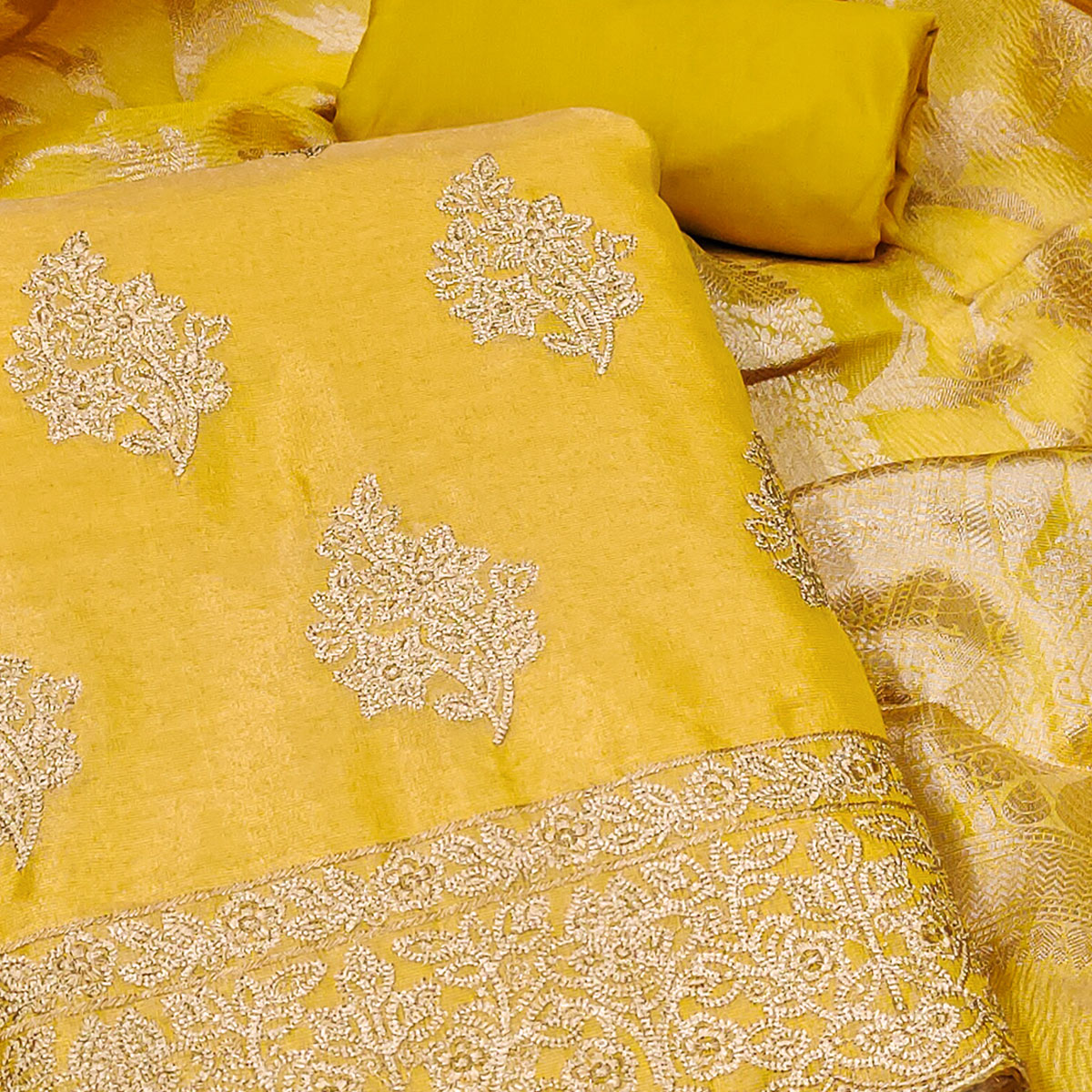 Mustard Floral Embroidered Banarasi Silk Shimmer Crush Dress Material