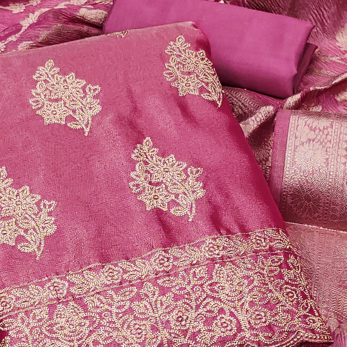 Pink Floral Embroidered Banarasi Silk Shimmer Crush Dress Material