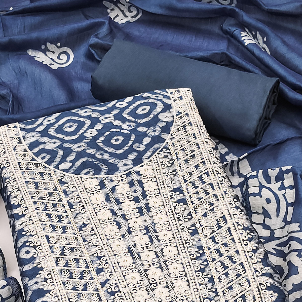 Blue Batik Printed With Embroidered Cotton Silk Dress Material