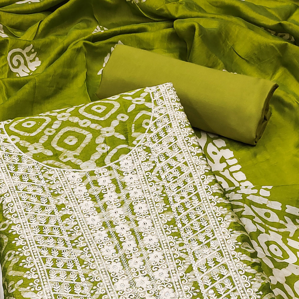 Green Batik Printed With Embroidered Cotton Silk Dress Material