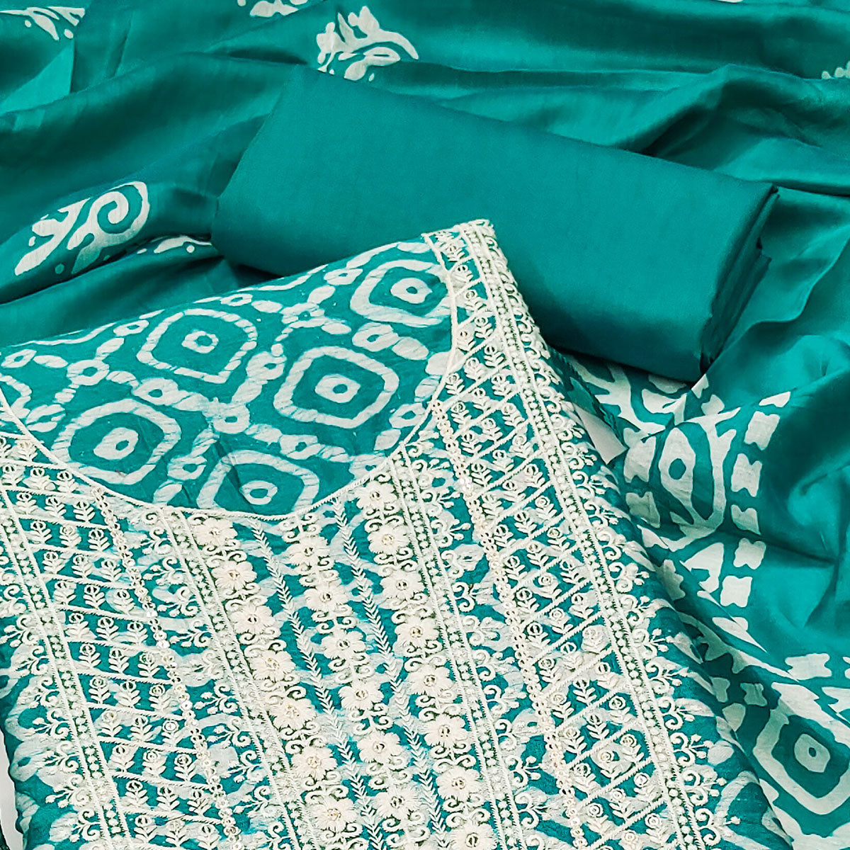 Turquoise Batik Printed With Embroidered Cotton Silk Dress Material