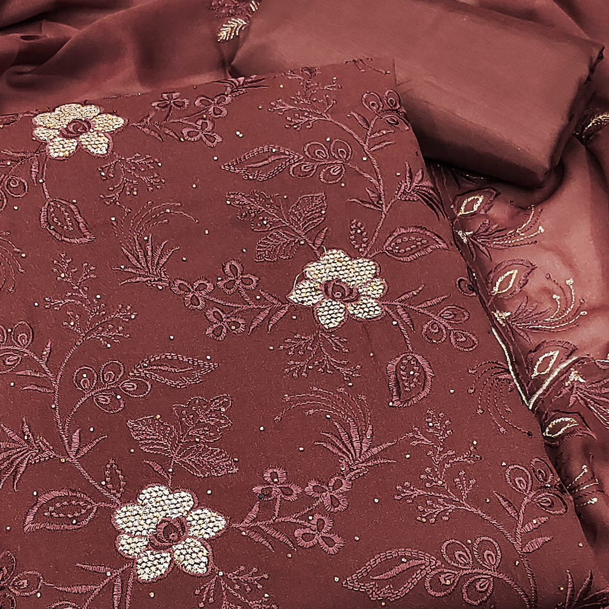 Brown Floral Embroidered With Stonework Georgette Dress Material