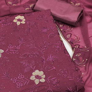 Dark Mauve Floral Embroidered With Stonework Georgette Dress Material