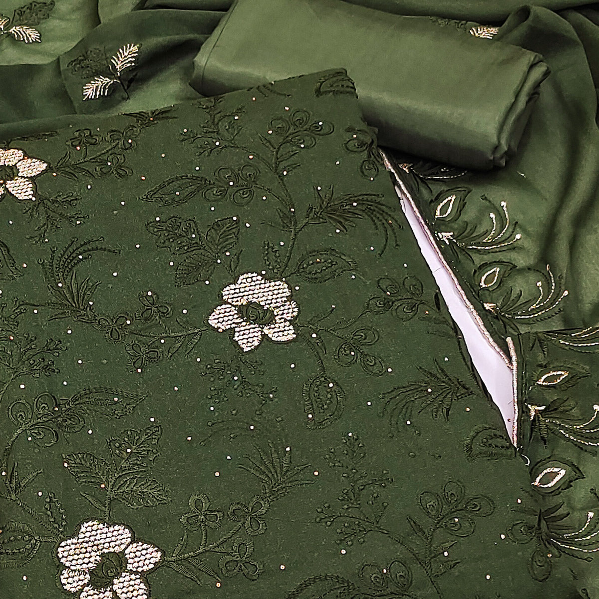Green Floral Embroidered With Stonework Georgette Dress Material