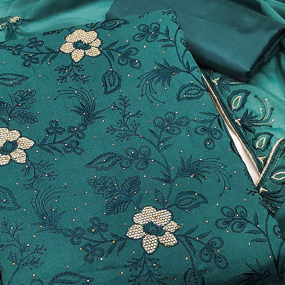 Teal Floral Embroidered With Stonework Georgette Dress Material