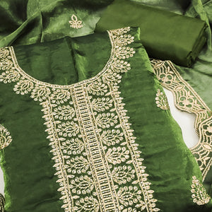 Green Satin Dress Material Adorned With Elegant Floral Zari Embroidery & Intricate Handwork