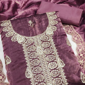 Purple Satin Dress Material Adorned With Elegant Floral Zari Embroidery & Intricate Handwork