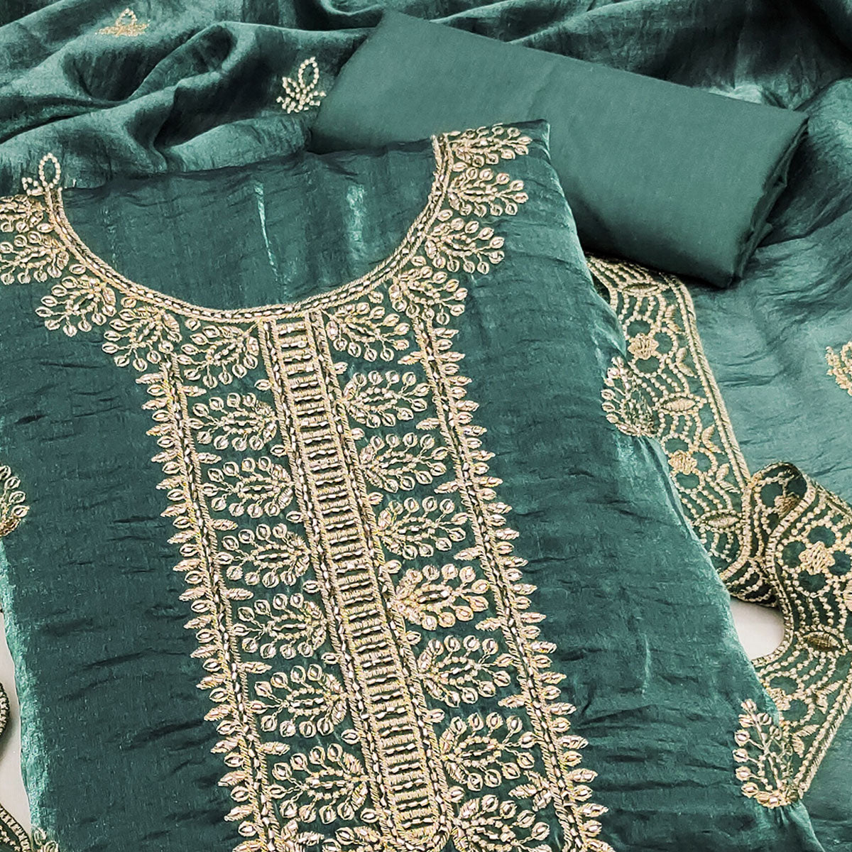 Teal Satin Dress Material Adorned With Elegant Floral Zari Embroidery & Intricate Handwork