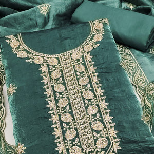 Teal Satin Dress Material Featuring Exquisite Floral Embroidery With Detailed Handwork Accents