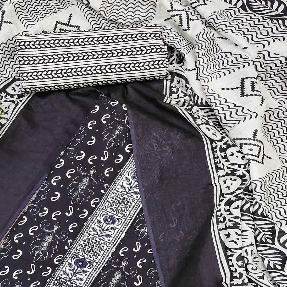 Navy Blue Foil Printed Pure Cotton Dress Material