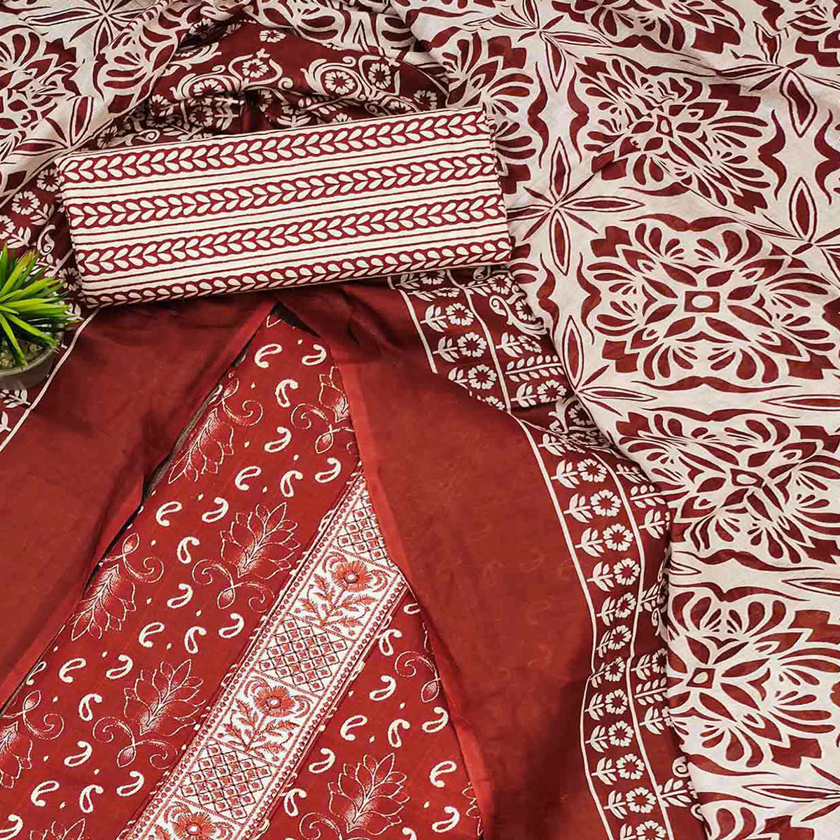 Red Foil Printed Pure Cotton Dress Material