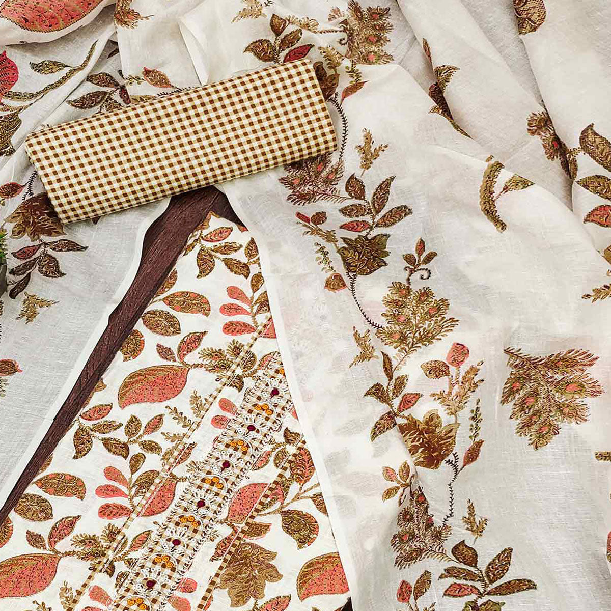 White & Brown Floral Foil Printed Pure Cotton Dress Material