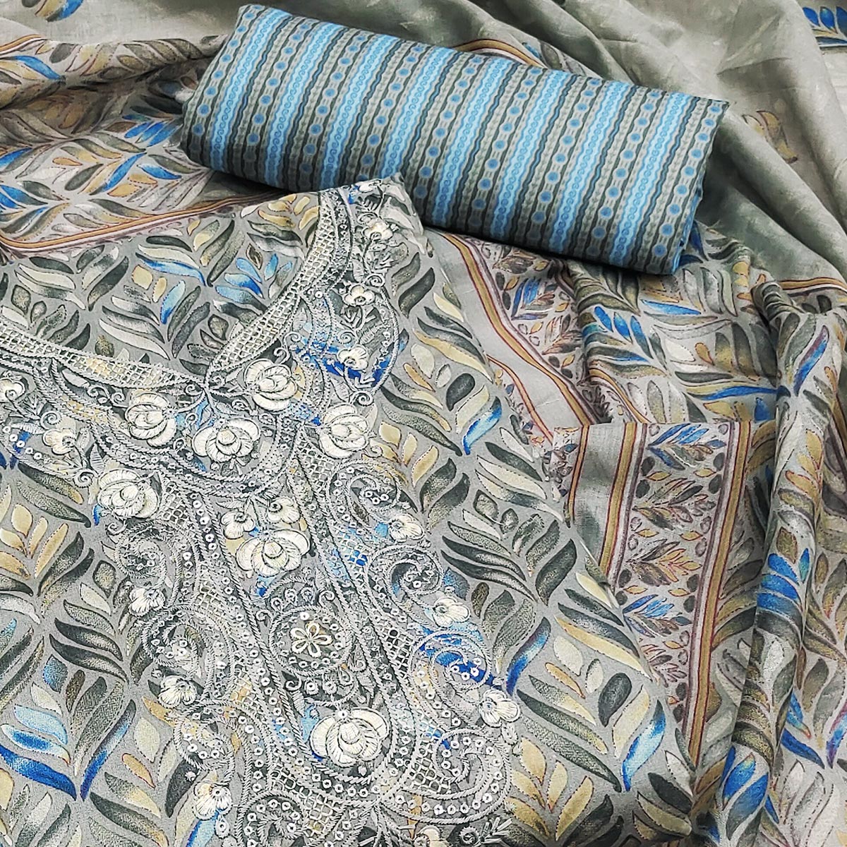 Grey Printed With Embroidery Pure Cotton Dress Material