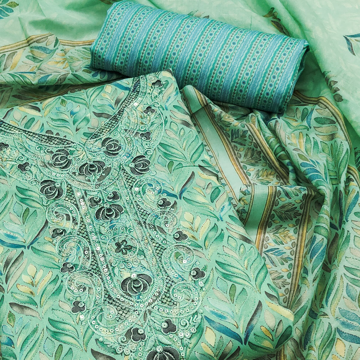 Sea Green Printed With Embroidery Pure Cotton Dress Material