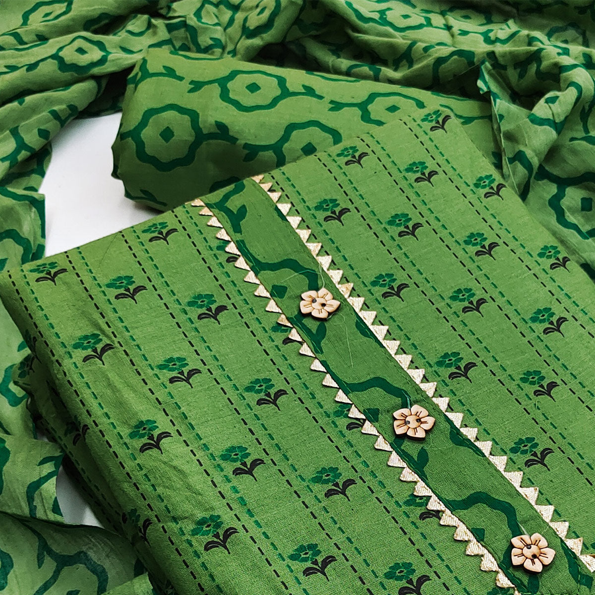 Green Floral Printed Cotton Blend Dress Material