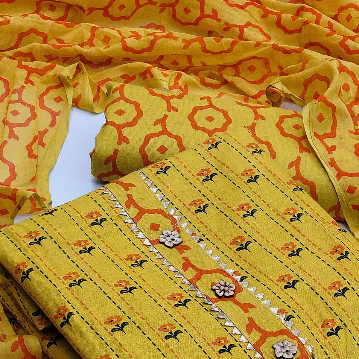 Yellow Floral Printed Cotton Blend Dress Material