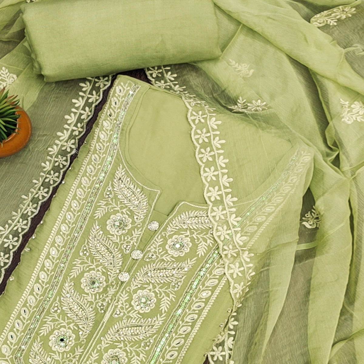 Green Floral Sequins Embroidered Organza Dress Material