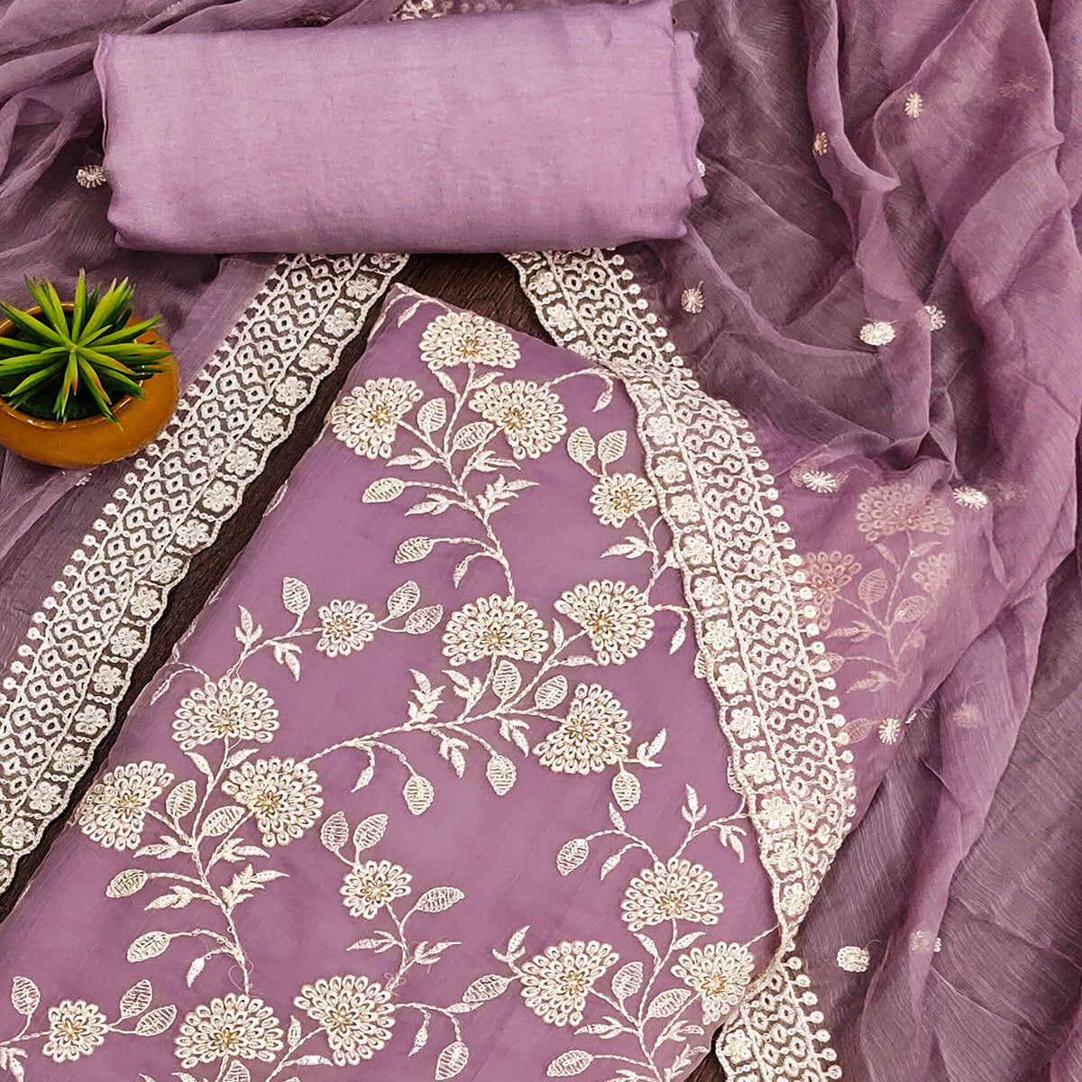 Purple Floral Embroidered Chiffon Dress Material