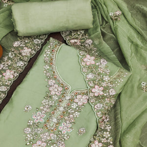 Green Floral Sequins Embroidered Organza Dress Material