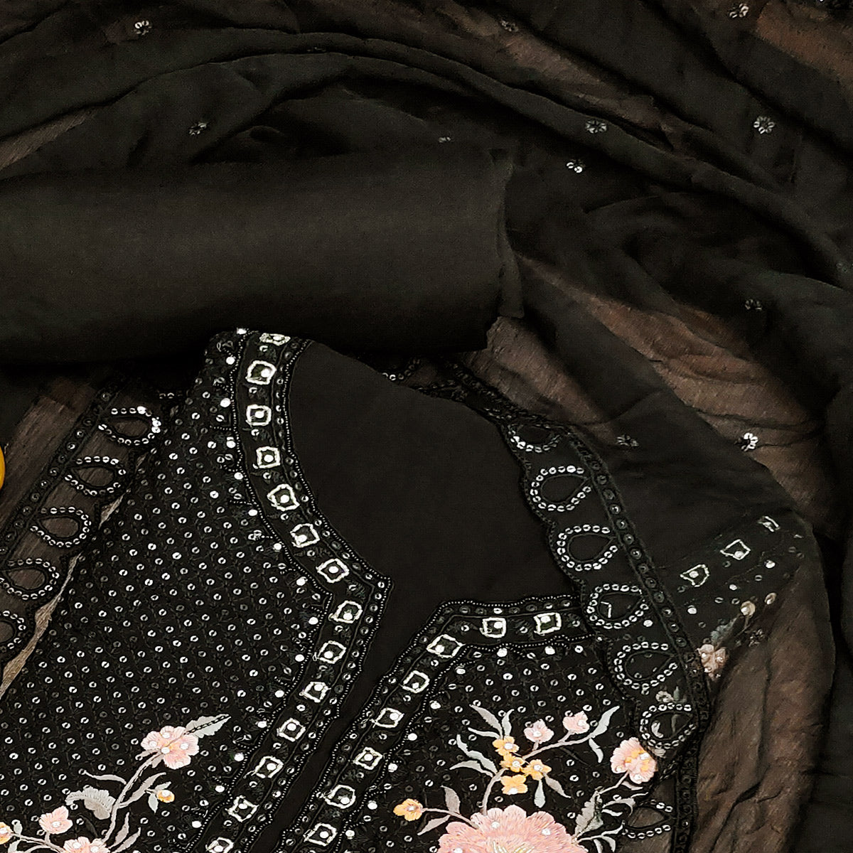 Black Floral Sequins Embroidered Georgette Dress Material