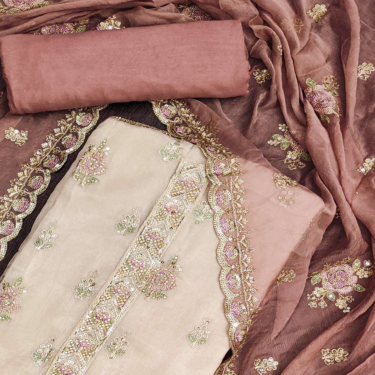 Beige & Peach Floral Sequins Embroidered Organza Dress Material