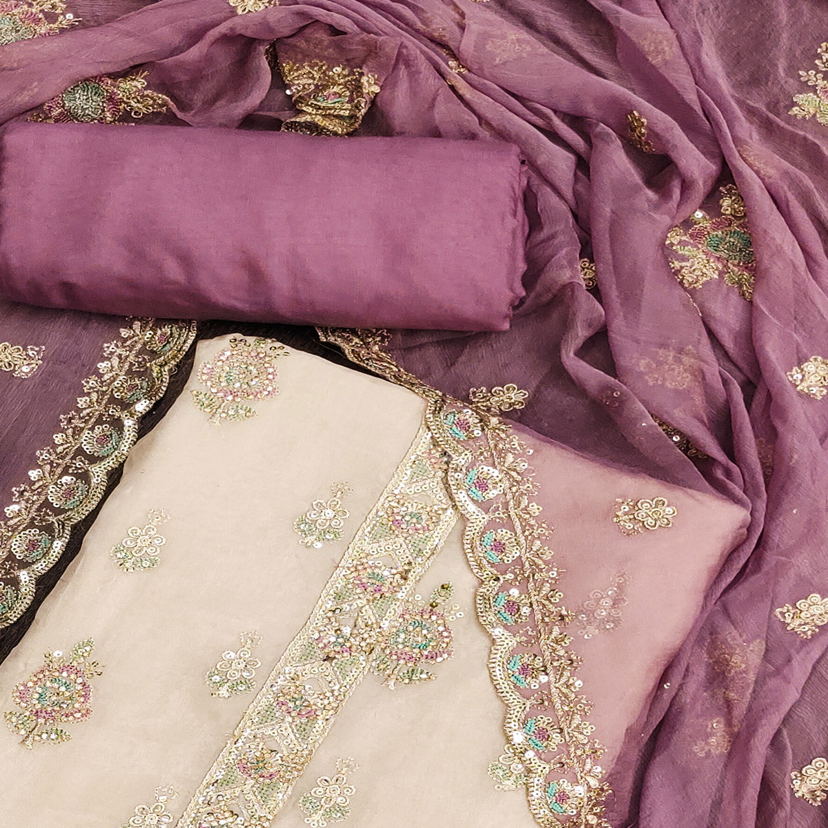 Beige & Purple Floral Sequins Embroidered Organza Dress Material