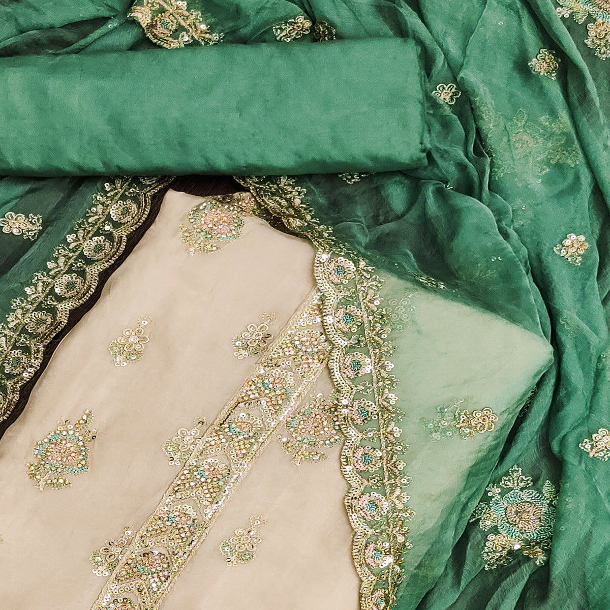 Beige & Rama Green Floral Sequins Embroidered Organza Dress Material