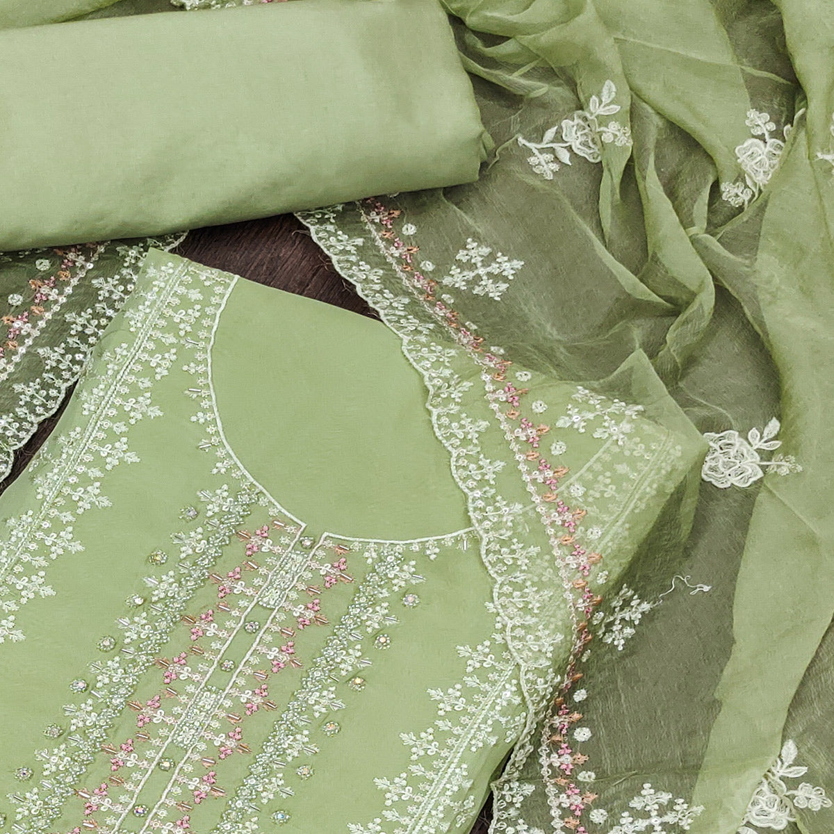 Green Floral Embroidered Organza Dress Material