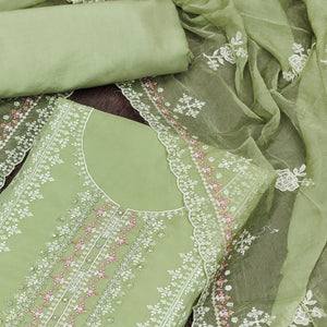 Green Floral Embroidered Organza Dress Material