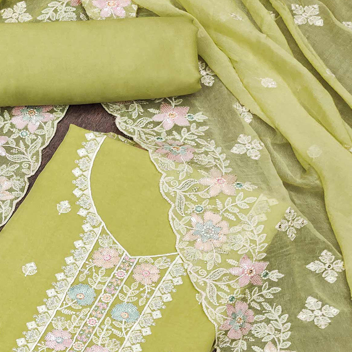 Green Floral Embroidered Organza Dress Material