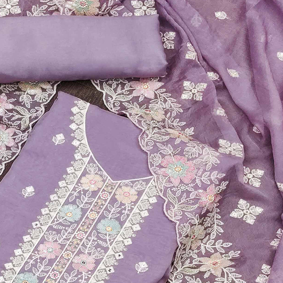 Purple Floral Embroidered Organza Dress Material