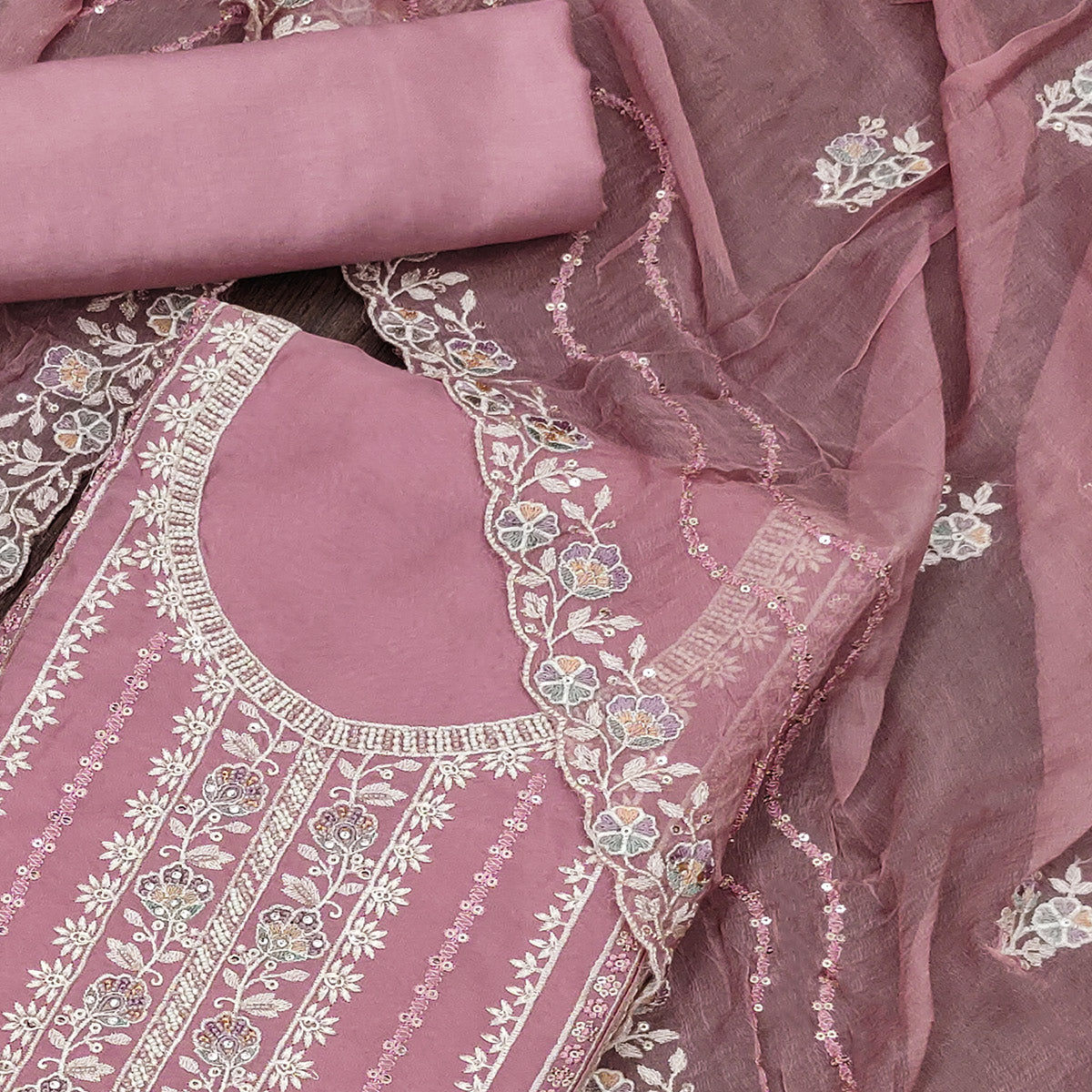 Pink Floral Sequins Embroidered Organza Dress Material