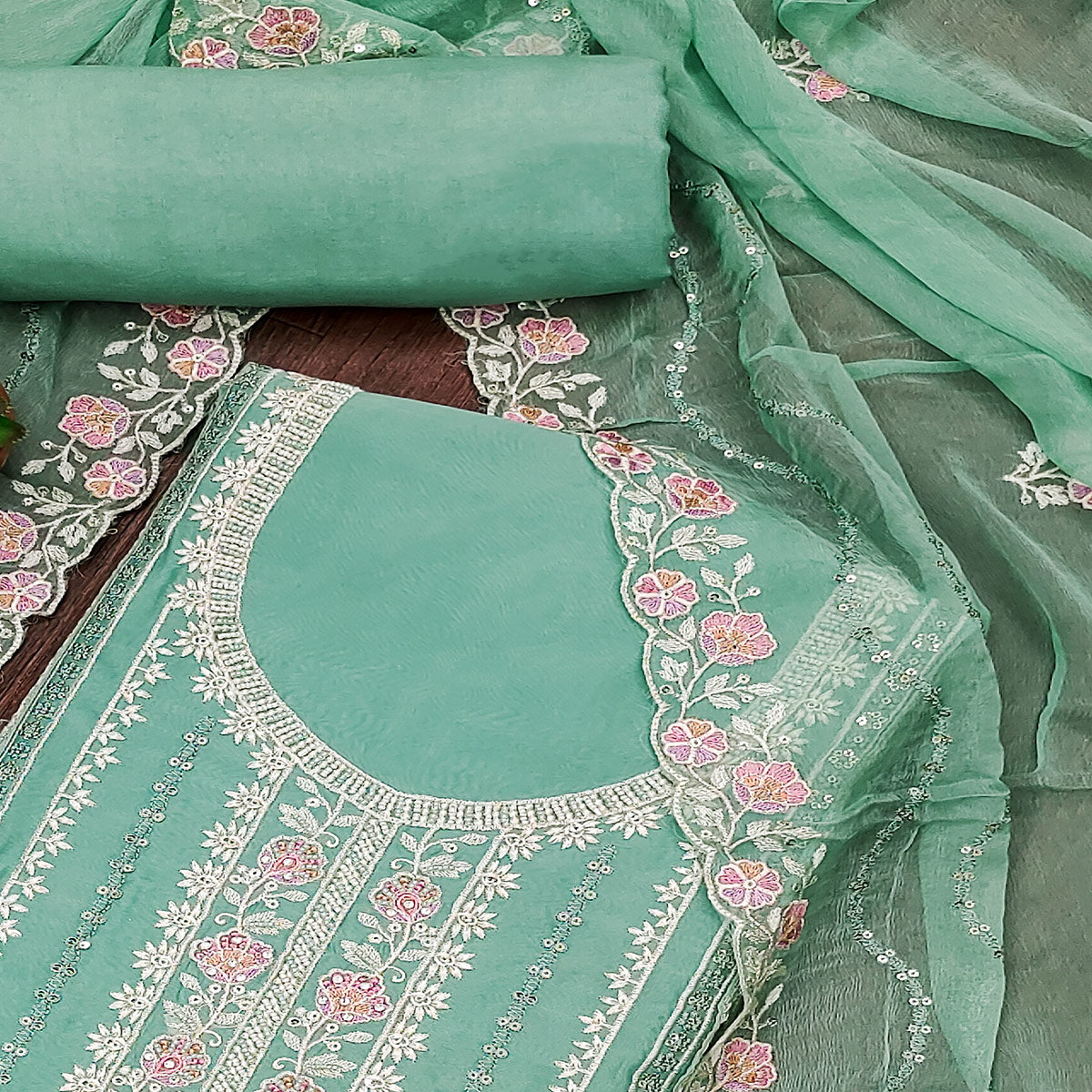Turquoise Floral Sequins Embroidered Organza Dress Material