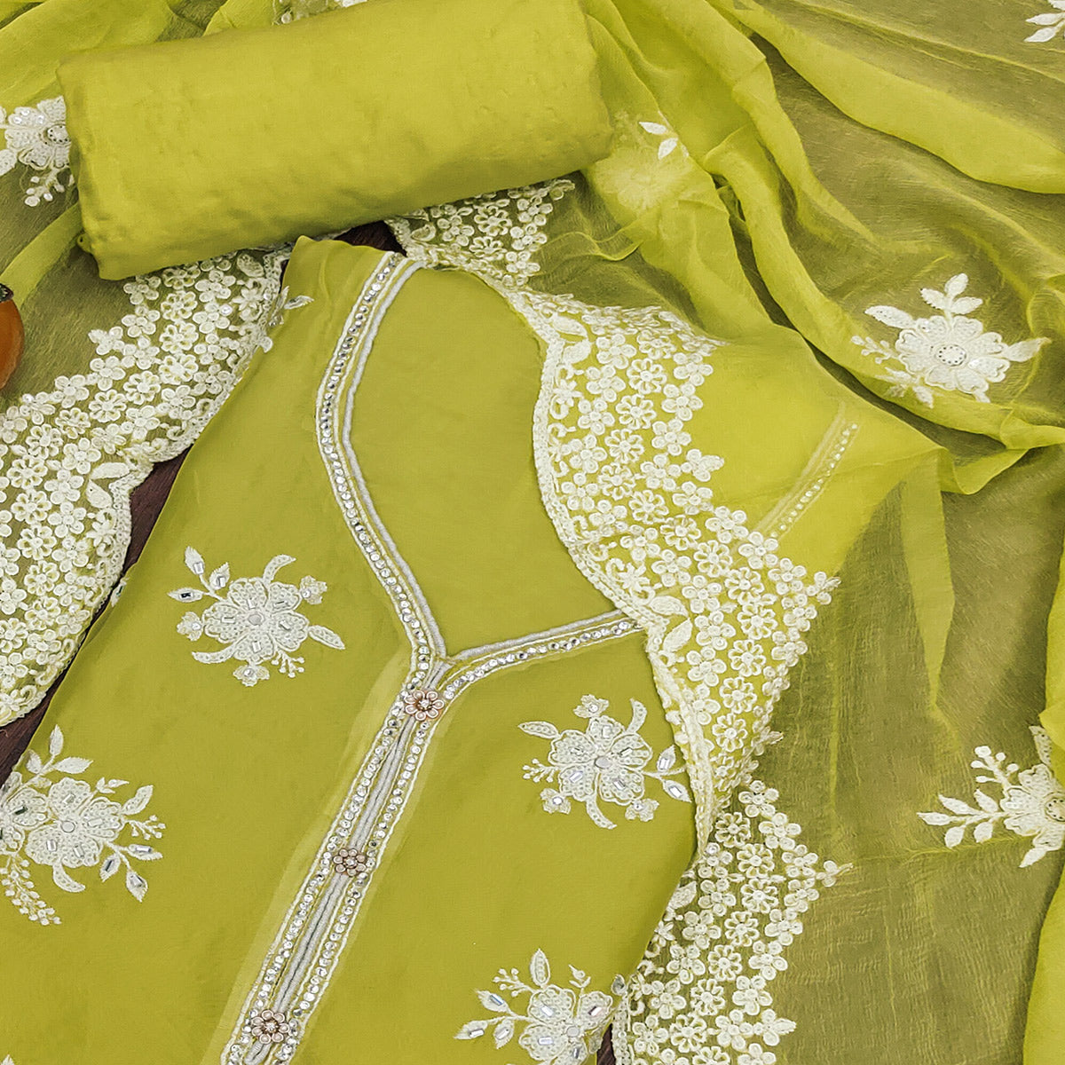 Green Floral Mirror Embroidered Organza Dress Material