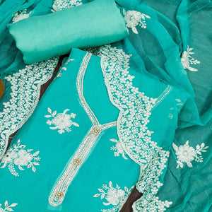 Turquoise Floral Mirror Embroidered Organza Dress Material