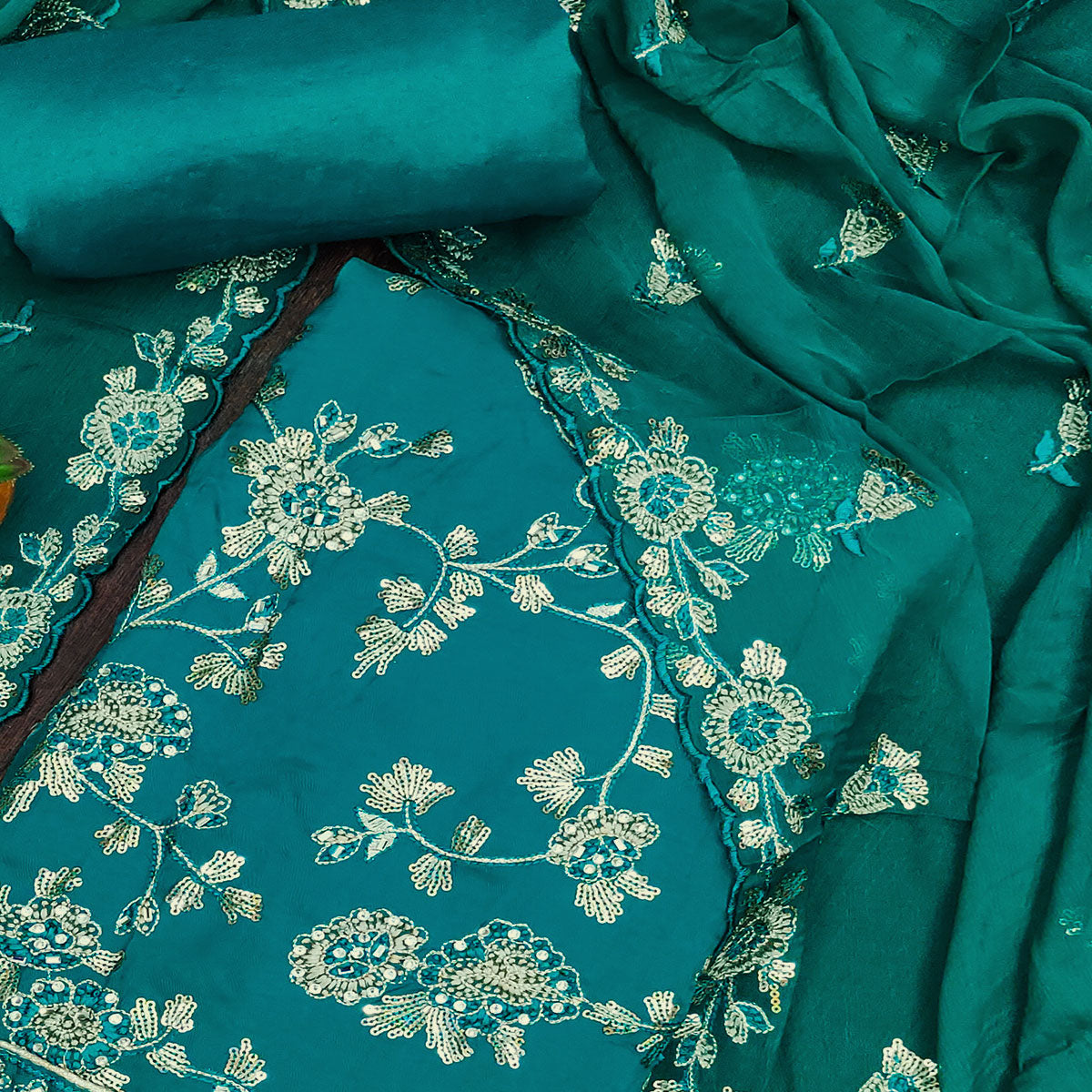 Rama Green Floral Sequins Embroidered Organza Dress Material