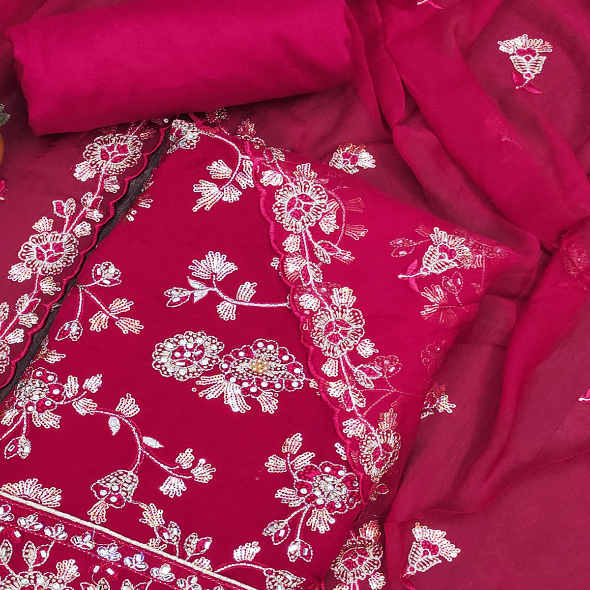 Rani Pink Floral Sequins Embroidered Organza Dress Material
