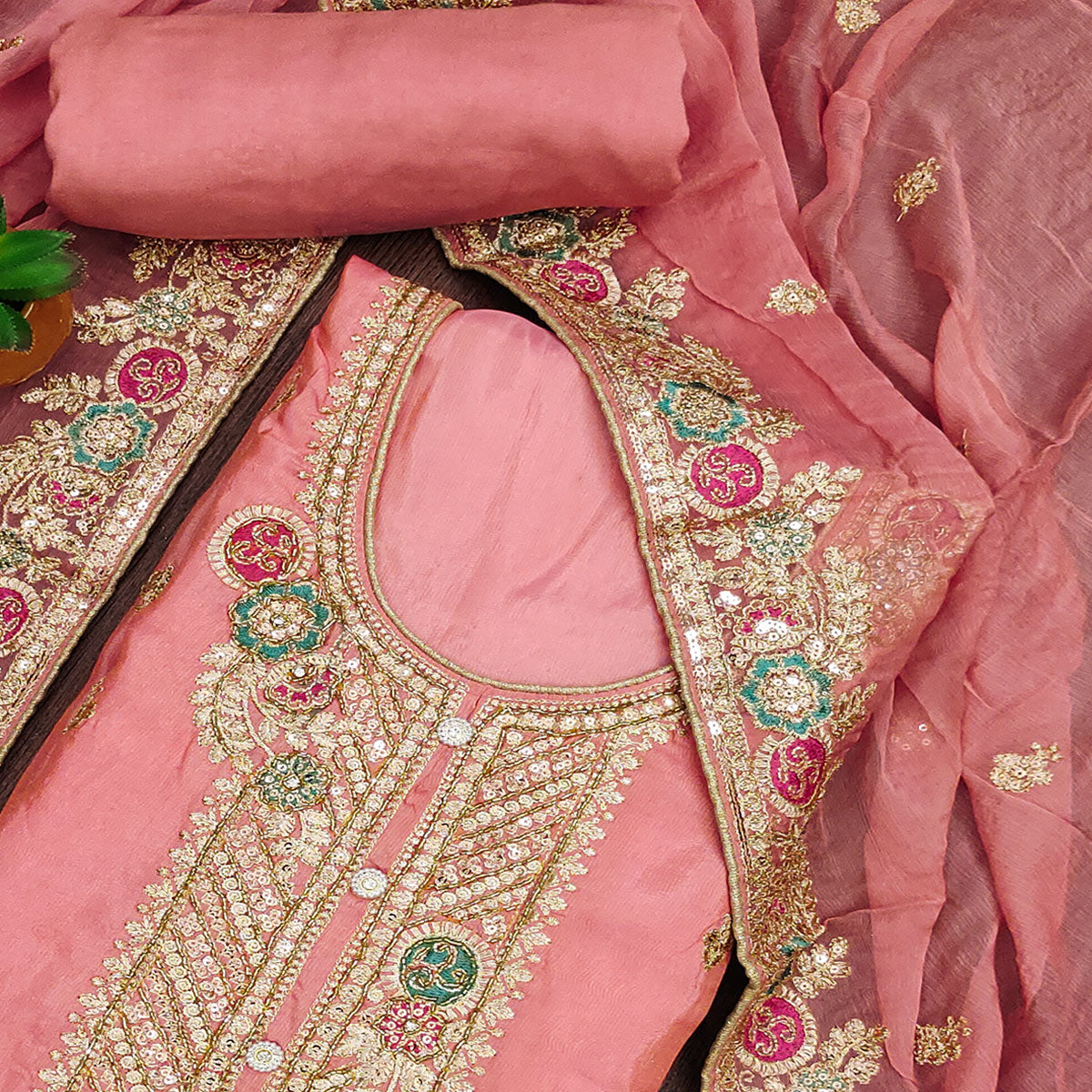 Pink Floral Sequins Embroidered Organza Dress Material