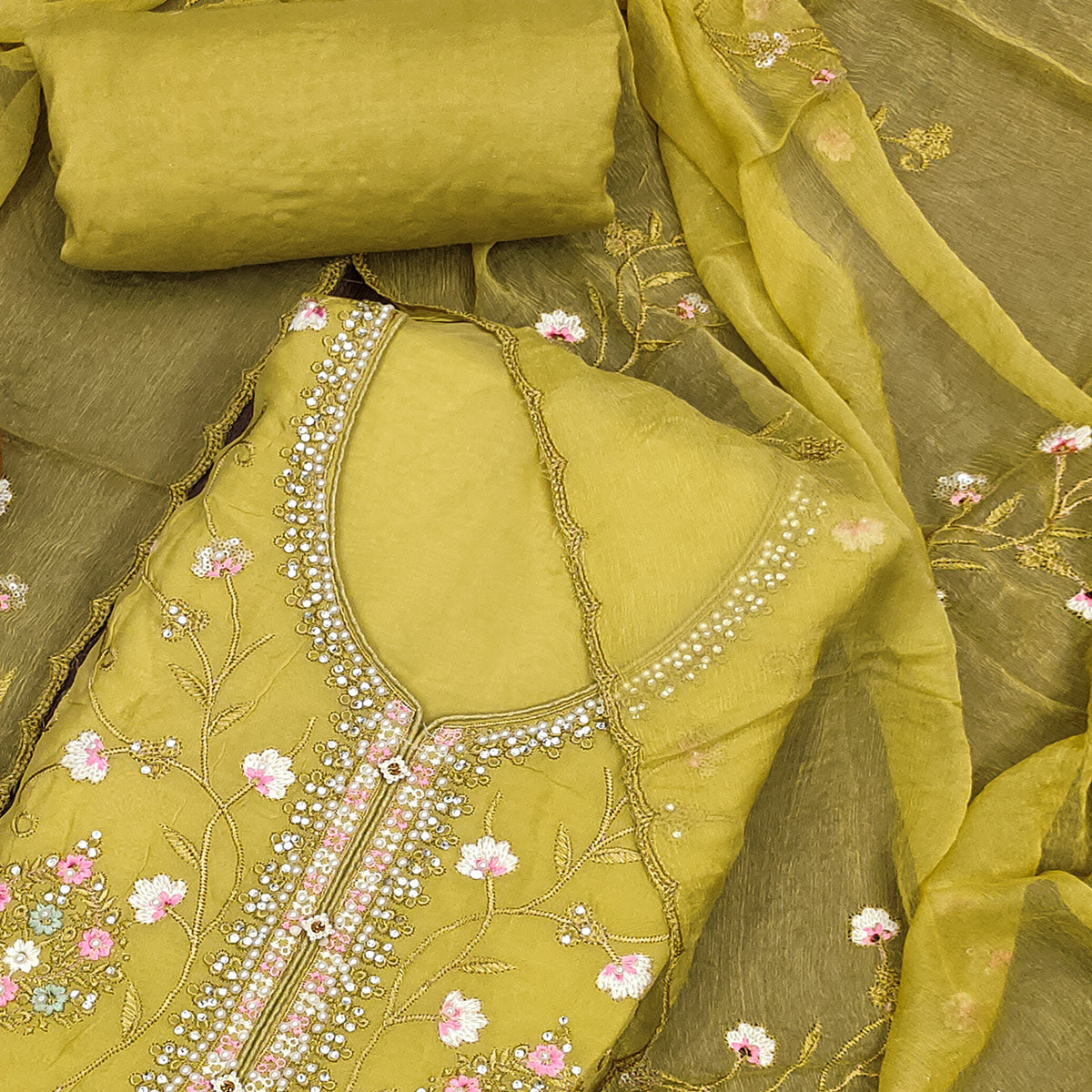 Lemon Yellow Floral Embroidered Organza Dress Material