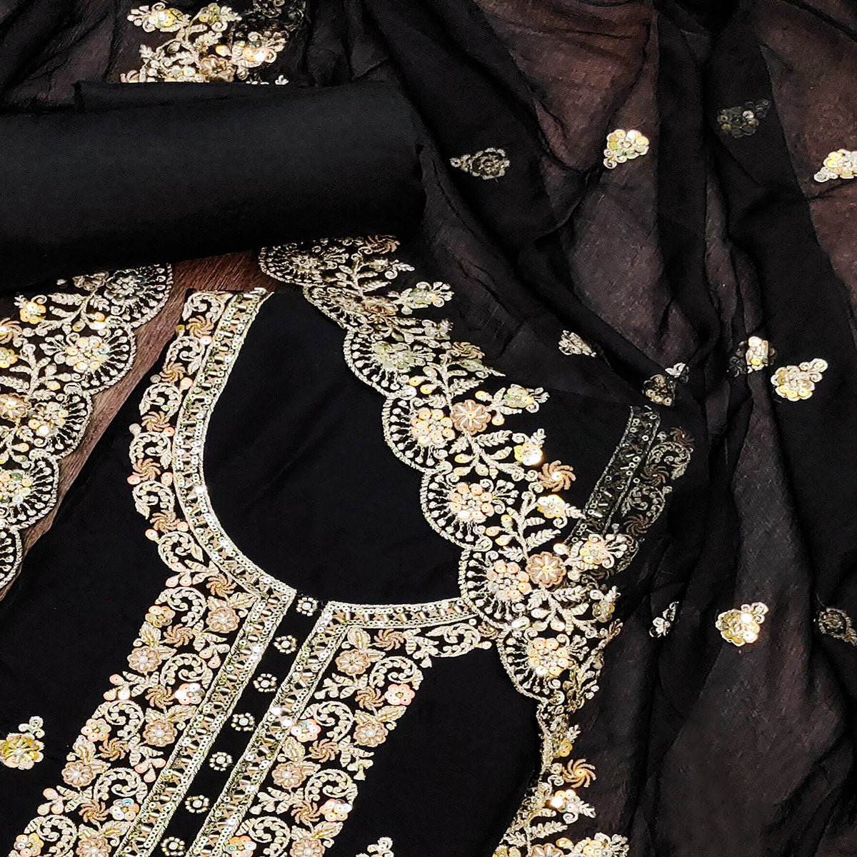 Black Embroidered Organza Dress Material