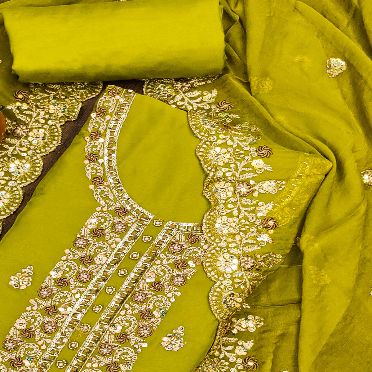Green Embroidered Organza Dress Material