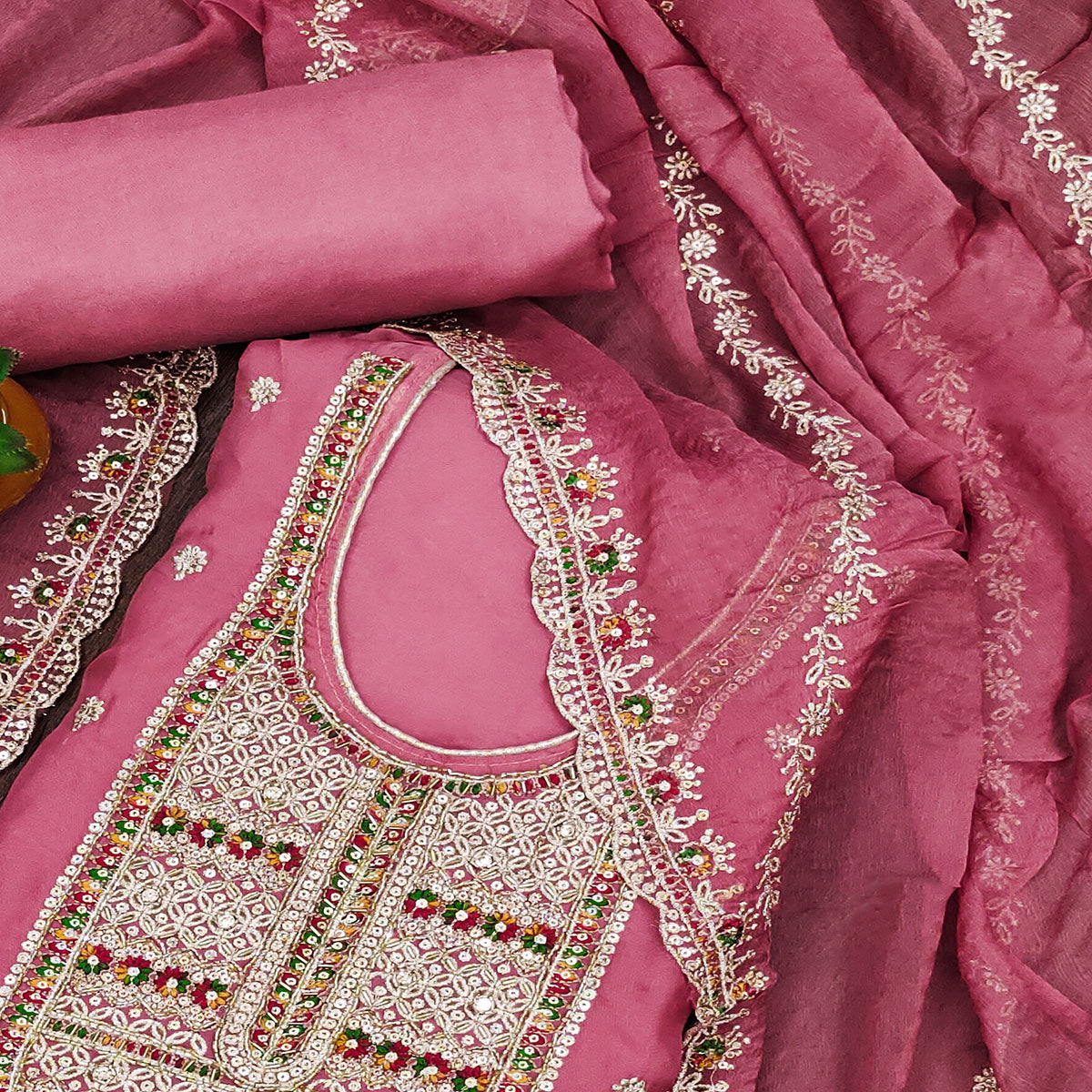 Dusty Pink Embroidered Organza Dress Material