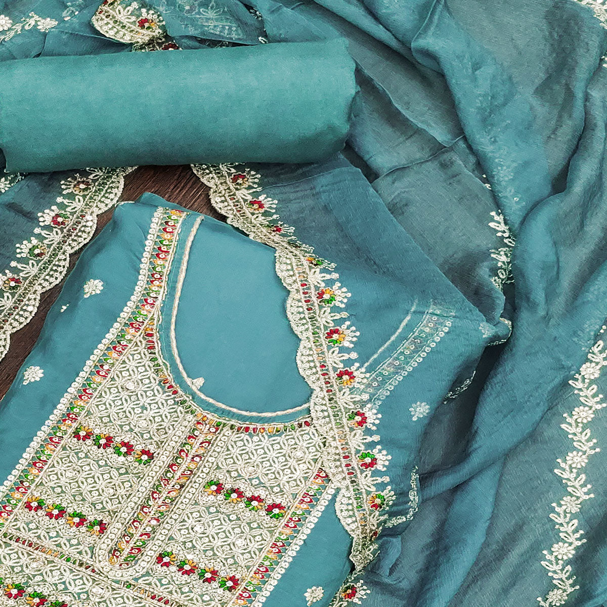 Rama Blue Embroidered Organza Dress Material