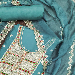 Rama Blue Embroidered Organza Dress Material