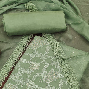 Green Floral Embroidered With Stonework Chiffon Dress Material