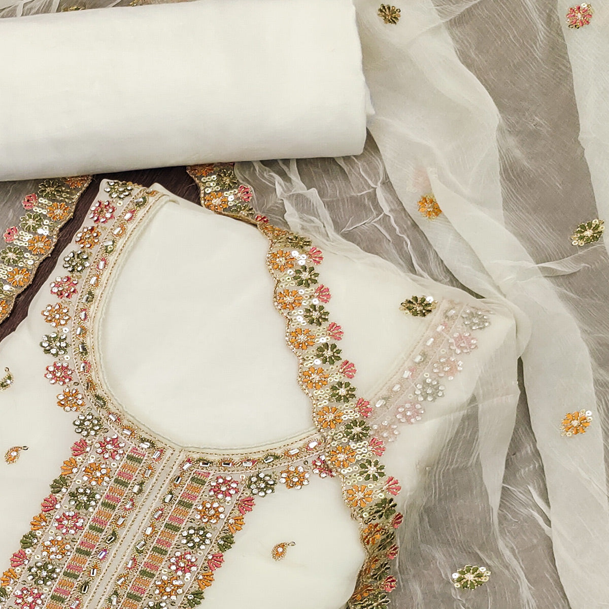 Offwhite Sequins Embroidered With Mirror Work Organza Dress Material