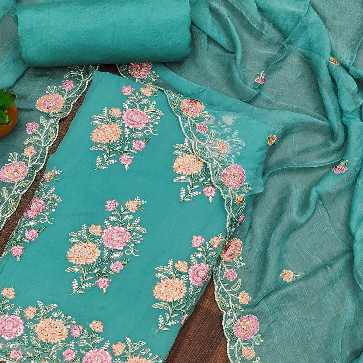 Rama Green Floral Embroidered With Stonework Chiffon Dress Material