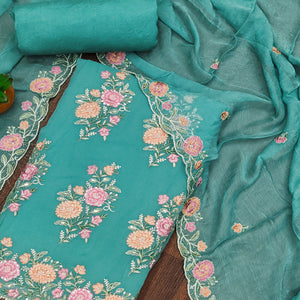 Rama Green Floral Embroidered With Stonework Chiffon Dress Material